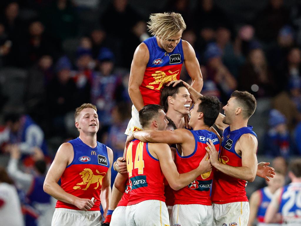 Eric Hipwood of the Lions celebrates his sixth goal, equaling his career best. Picture: Getty Images