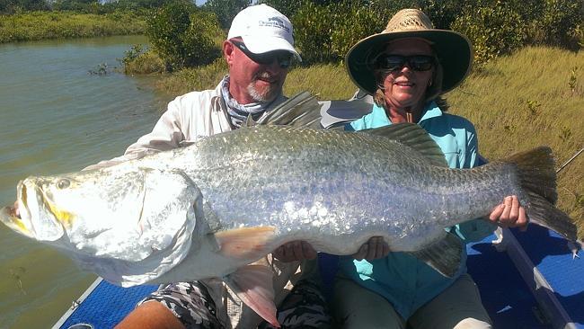 Guide Gavin New with angler Christine Kiehne and her once-in-a-lifetime 143cm wild saltwa