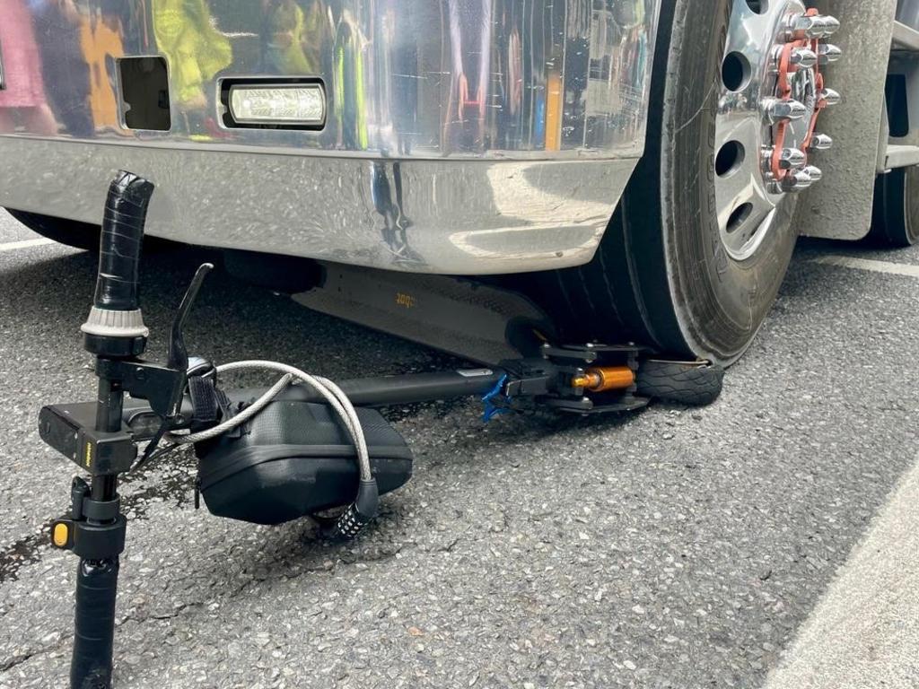 An E-scooter rider had a lucky escape after colliding with a cement truck in Fortitude Valley.