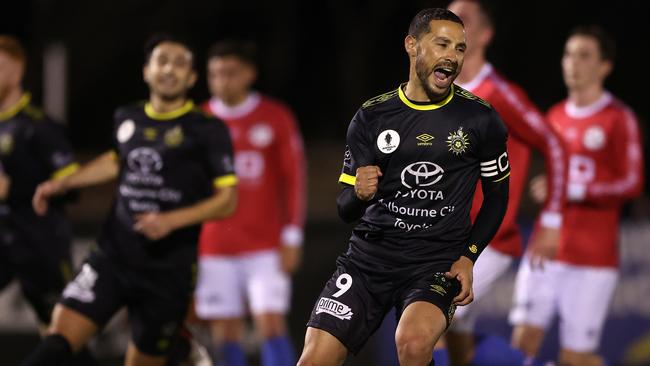 Adrian Zahra celebrates scoring the first goal of the game.