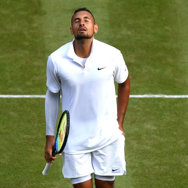 Nick Kyrgios reacts in his Men's Singles second round loss to Rafael Nadal at Wimbledon 2019. Picture: Getty Images