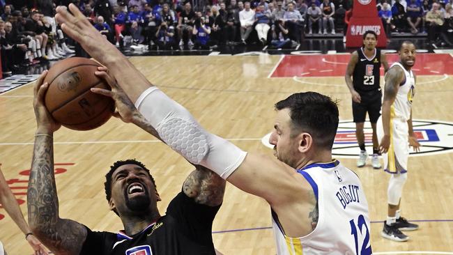 Bogut (R) has made a huge impact for the Warriors since arriving on the eve of the playoffs. Picture: AP