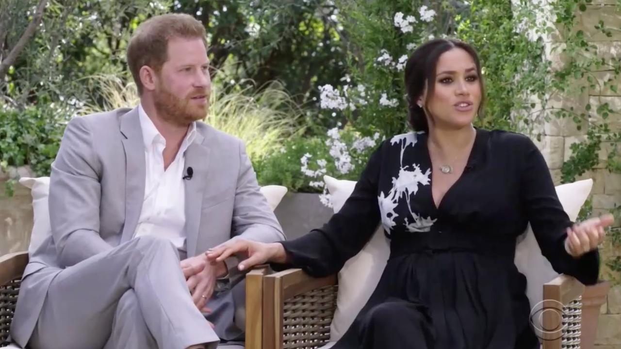 Harry and Meghan during their interview with Oprah Winfrey. Picture: CBS