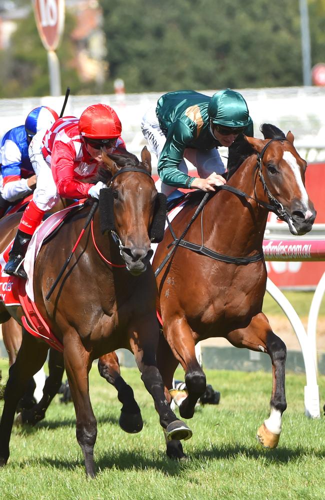 Catchy overhauls Pariah (right) to win this year’s Blue Diamond Stakes. Picture: Getty Images