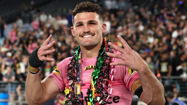 SYDNEY, AUSTRALIA – OCTOBER 06: Nathan Cleary of the Panthers celebrate after winning the 2024 NRL Grand Final match between the Melbourne Storm and the Penrith Panthers at Accor Stadium on October 06, 2024, in Sydney, Australia. (Photo by Cameron Spencer/Getty Images)