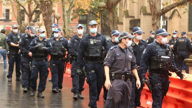 Police prepare to meet protesters at tonight’s Black Lives Matter rally. Picture: Matrix