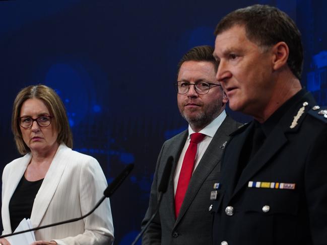 MELBOURNE AUSTRALIA - NewsWire Photos DECEMBER 9, 2024:Chief Commissioner Shane Patton, alongside Police Minister Anthony Carbines and Victorian Premier Jacinta Allan, give a press conference on last weekÃ¢â¬â¢s fire at a Ripponlea synagogue.Picture: NewsWire / Luis Enrique Ascui