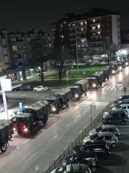 Military trucks carry coffins from Bergamo to other cities of the Lombardy region for cremation in March. Picture: Twitter