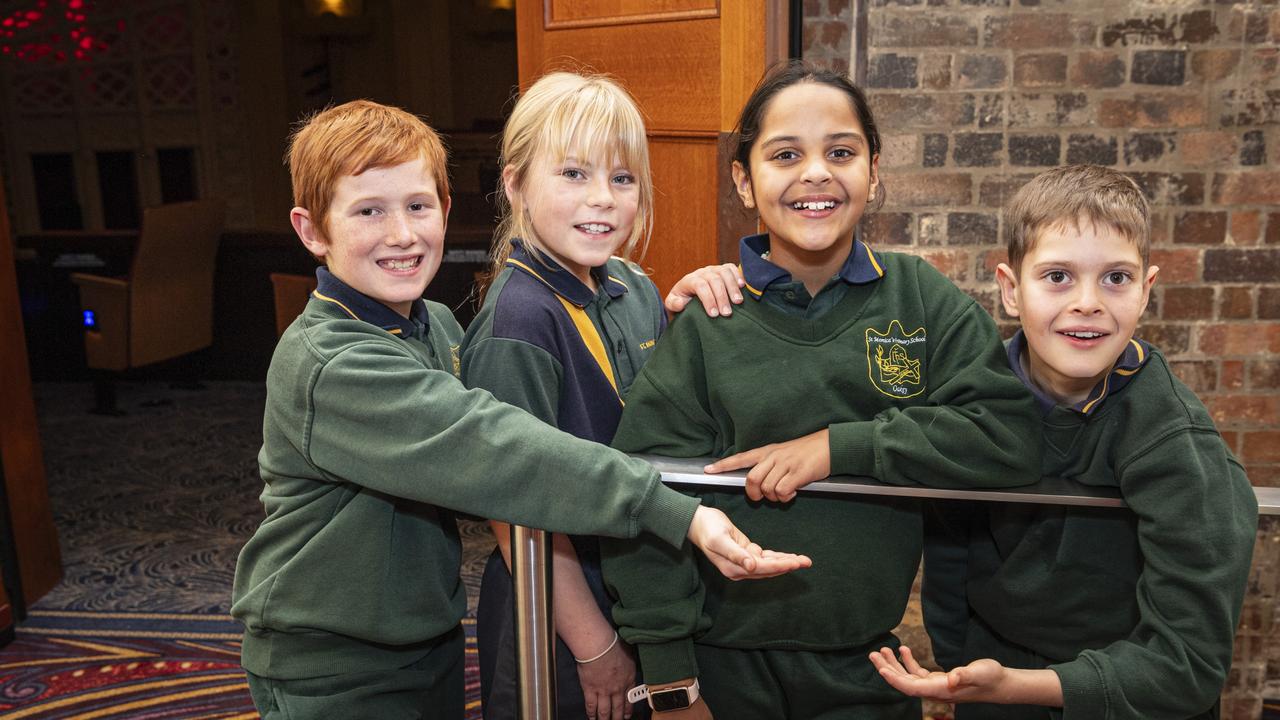 St Monica's School, Oakey students (from left) Ruben Brown, Flossie Johns, Piper Duffin and Lachlan Heyze on day one of Sing Out 2024 at The Empire, Tuesday, June 4, 2024. Picture: Kevin Farmer