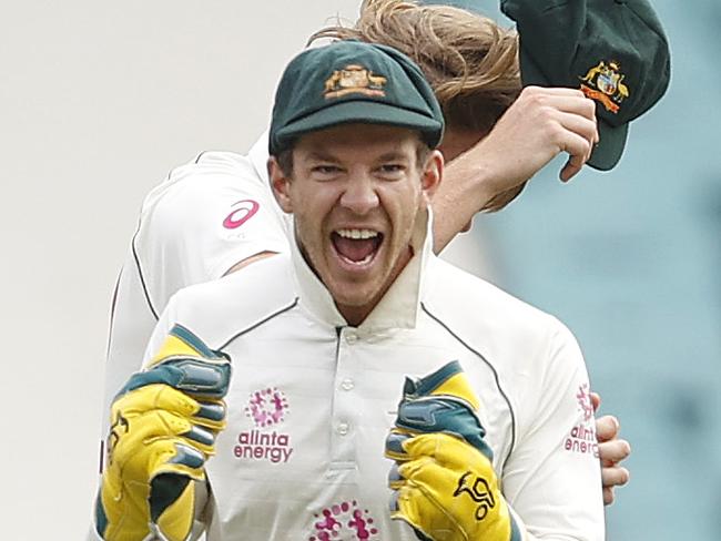 Australia's Tim Paine celebrates the wicket of India's Shubman Gill caught by Cameron Green off the bowling of Pat Cummins during Day 2 of the Test match between Australia and India at the SCG. Picture. Phil Hillyard