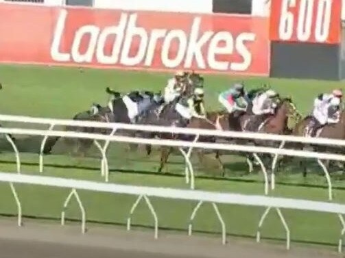 Robbie Dolan falls off Victory Command in race 7 which led to the Eagle Farm meeting being abandoned. Picture: Sky Racing