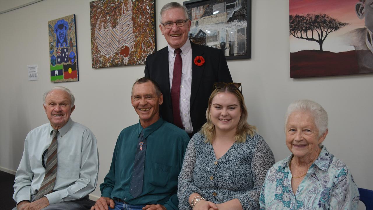 Ray Phillips, Desley Phillips, Brooke Maher and Julian Cross with Mayor Keith Campbell at the 2019 Kingaroy Remembrance Day service at KSHS. (Photo: Jessica McGrath)