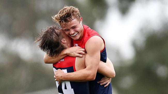 Kade Chandler celebrates his long-range goal against North Melbourne. Picture: Michael Klein