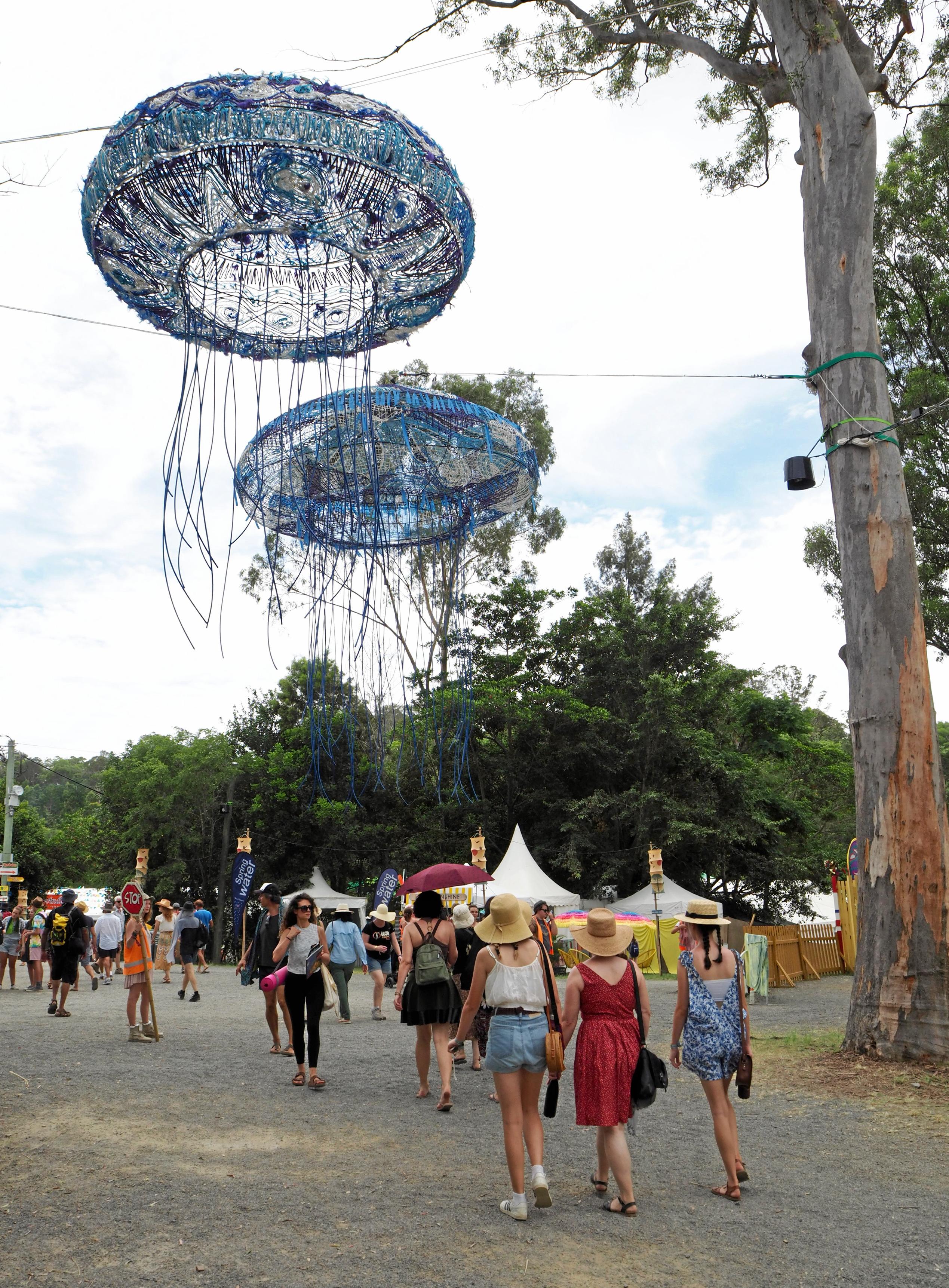 Giant jellyfish lanterns greet festival goers at the main entrance to the Woodford Folk Festival.