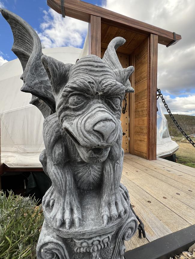 Gargoyles stand guard outside the medieval-themed Serenity Dome at Luna Lodge. Picture: Linda Smith