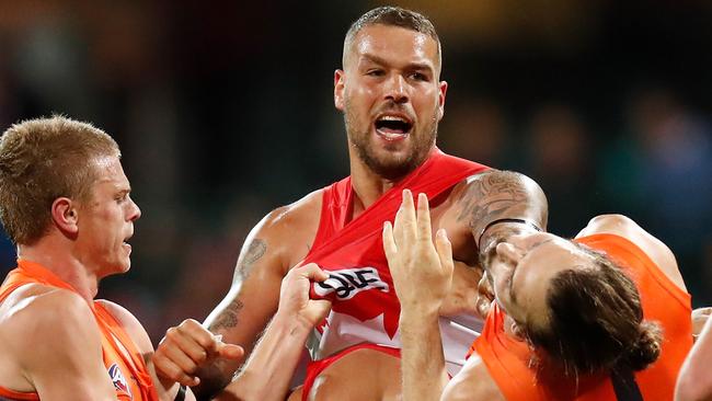 Lance Franklin shoves Phil Davis. Picture: Getty Images