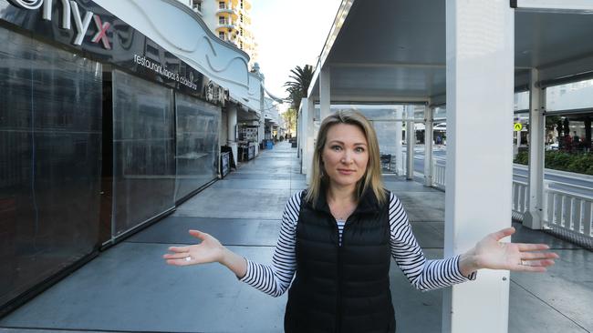 Former owner of Onyx, Lauren Hyland, on deserted Broadbeach strip on Sunday morning, once a thriving breakfast venue. Picture Glenn Hampson