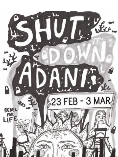 A screenshot of a poster for the Shut Down Adani event.