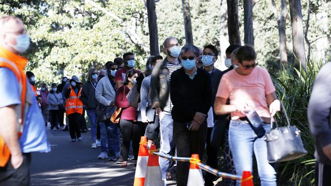 Queues at the NSW Vaccination Centre hub at Olympic Park in Sydney on Monday. Picture: NCA NewsWire / Nikki Short