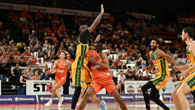 Tahjere McCall of the Taipans in action during the round 18 NBL match. Picture: Emily Barker/Getty Images).