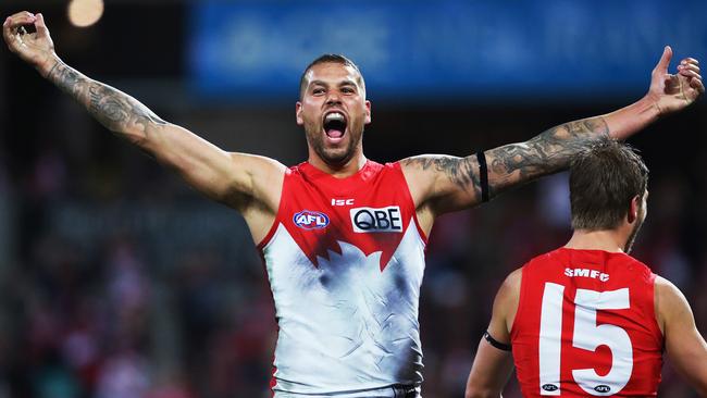 Lance Franklin celebrates kicking his 10th goal. Picture. Phil Hillyard