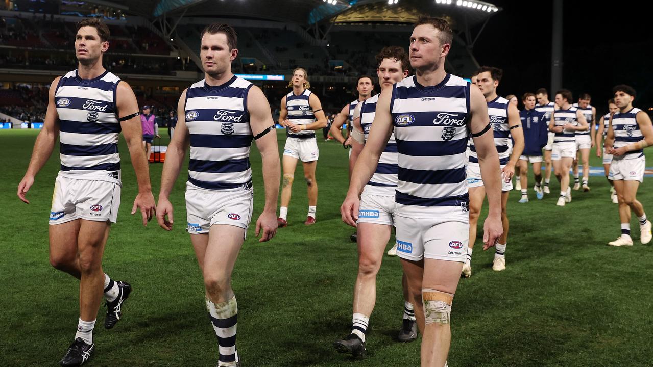 Dangerfield leads his team off Adelaide Oval. Picture: Sarah Reed/AFL Photos via Getty Images