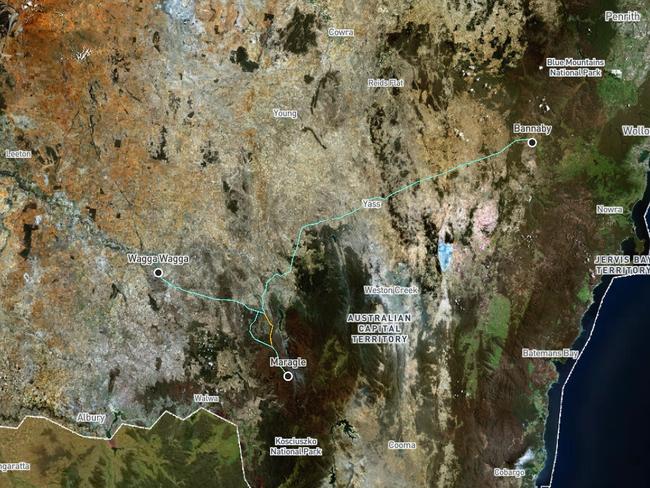 The new proposed route to the western side of Batlow. After landholder revolt, the eastern route (in yellow) has been abandoned. Picture: Transgrid