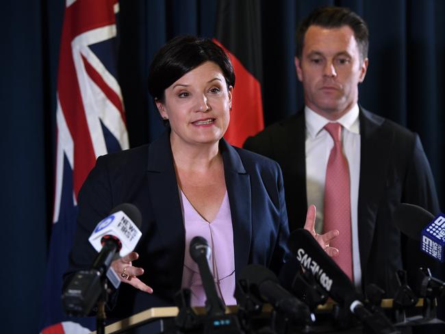 NSW Opposition Leader Jodi McKay (left) and Shadow Minister for Transport and Corrections Chris Minns speak to the media at New South Wales Parliament House in Sydney, Tuesday, February 4, 2020. (AAP Image/Joel Carrett) NO ARCHIVING