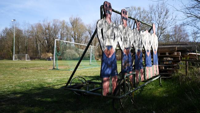 An old fashioned defensive training wall at an empty football ground in Karlsruhe, Germany.