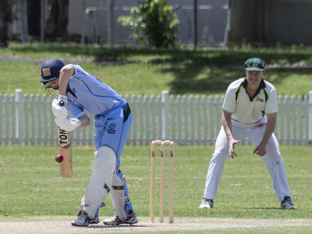 Harrison Tzannes bats for Toowoomba. Mitchell Shield, Toowoomba vs Lockyer. Sunday, January 23, 2022. Picture: Nev Madsen.