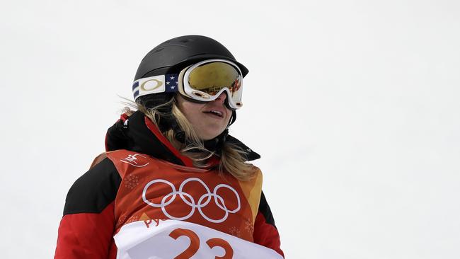 Elizabeth Marian Swaney, of Hungary, finishes her run during the women's halfpipe qualifying at Phoenix Snow Park at the 2018 Winter Olympics in Pyeongchang, South Korea, Monday, Feb. 19, 2018. (AP Photo/Kin Cheung)