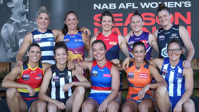 AFLW captains (back left to right) Melissa Hickey, Leah Kaslar, Elise O'Dea, Kara Donnellan and Brianna Davey. (Front left to right) Chelsea Randall, Steph Chiocci, Ellie Blackburn, Amanda Farrugia and Emma Kearney at the season launch. Picture: Ian Currie