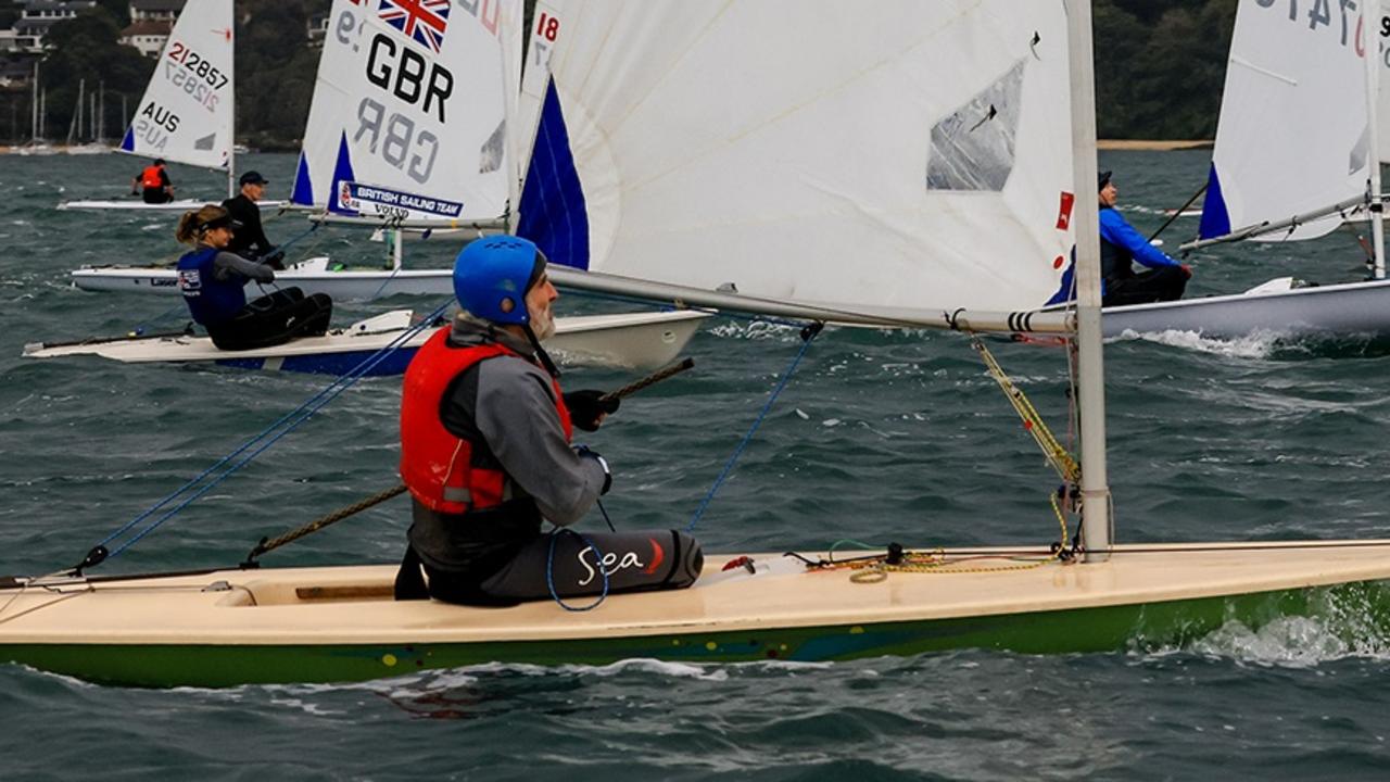 One of the competitors in the Laser spectacular was Frant Bucek in an old 1973 Laser. Pic: Aero Media/Double Bay Sailing Club