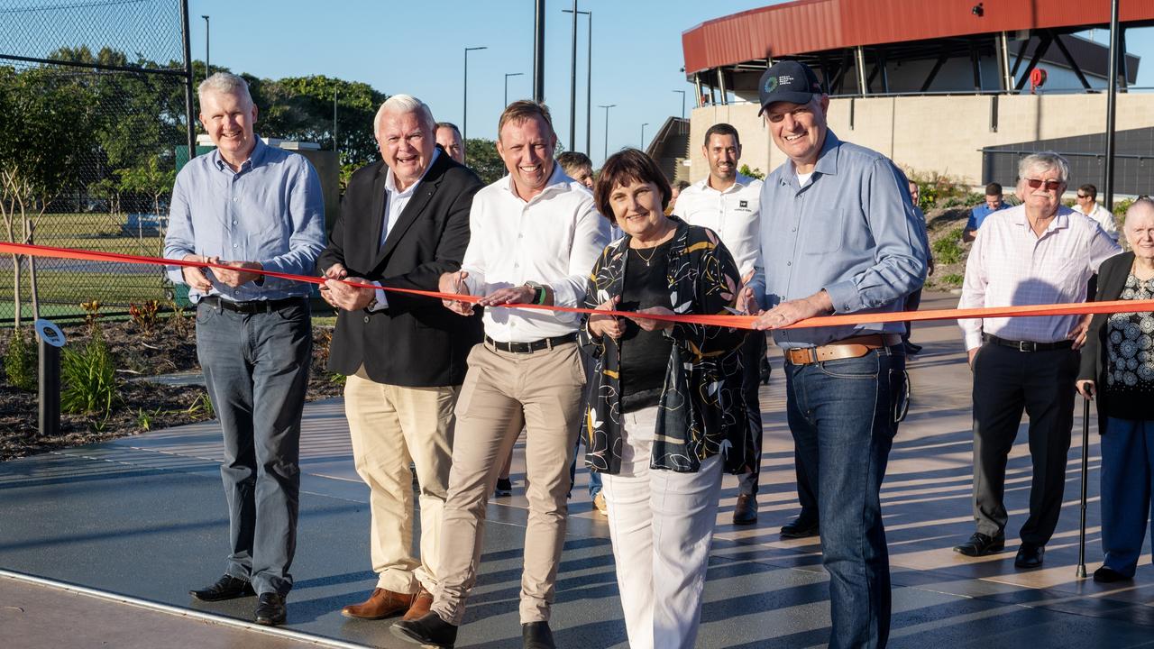 Great Barrier Reef Arena Cutting of the ribbon: Tony Burke MP, Harrup Park chairman Terry Doolan, deputy premier Steven Miles, Julieanne Gilbert MP, and Stirling Hinchliffe MP. Saturday 20 May 2023 Picture: Michaela Harlow