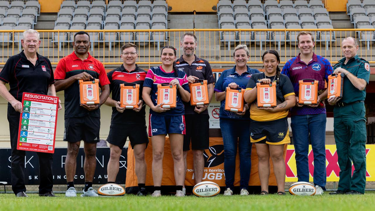 Colin Southam, Sete Cakaunivalu, Robert Butcher, Dailene Doyle, Matt Kaye, Annette Blunt, Jordan Lewis, Rhys Morcom and Geoff bates ahead of the 2024-25 Darwin Rugby grand finals. Picture: Pema Tamang Pakhrin