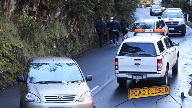 Traffic building up along Pinnacle Rd from people wanting to get to the snow on Mt Wellington.