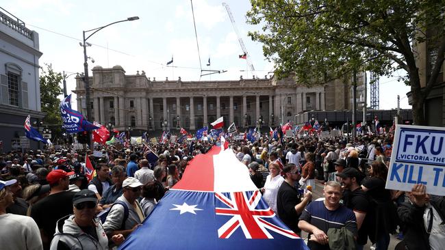 Protesters gather on the steps of Parliament House in Melbourne last weekend. Picture: Getty Images