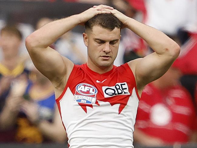 Sydney's Tom Papley dejected after the final siren during the 2024 AFL Grand Final between the Sydney Swans and Brisbane Lions at the MCG on September 28, 2024. Photo by Phil Hillyard(Image Supplied for Editorial Use only - **NO ON SALES** - Â©Phil Hillyard )