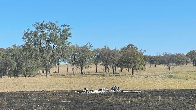 The remains of a shocking plane crash at Palgrave, near Warwick, on October 19, 2023.