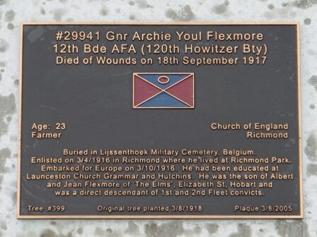 Gunner Archie Flexmore’s plaque on the Soldiers’ Memorial Avenue.