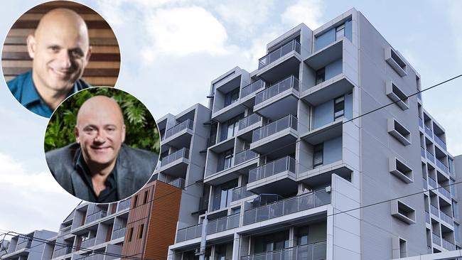 The Nicholson apartment complex in Coburg is one of at least 25 Hickory-built properties afflicted with non-compliant aluminium panels. Inset is Michael (top) and George Argyrou. Main picture: Wayne Taylor