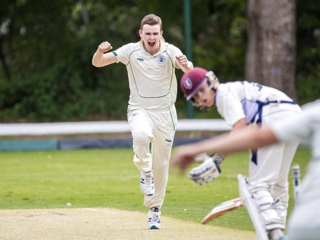 William Gibson from BBC takes a wicket second ball in the GPS cricket game between Brisbane Boys College BBC and Southport TSS at Oakman Park, Taringa, Saturday, March 14, 2020 (AAP Image/Richard Walker)