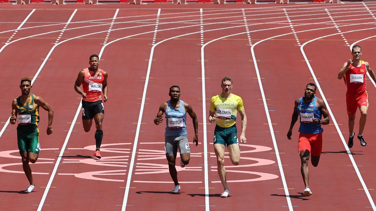 (From L) South Africa's Wayde van Niekerk, Japan's Julian Jrummi Walsh, Botswana's Leungo Scotch, Australia's Steven Solomon, Colombia's Anthony Jose Zambrano and North Macedonia's Jovan Stojoski compete in the men's 400m heats. Solomon finished in second place. Picture: Giuseppe Cacace/AFP