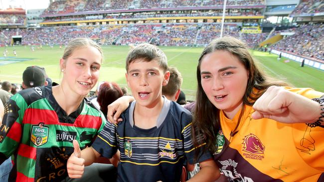 L to R, Shakira Lankowski 17yrs, Riley Lankowski 12yrs Mikaela Lankowski 18yrs, all from Chinchilla, at the NRL Magic Round, on Sunday May 12th, 2019 (Image AAP/Steve Pohlner)