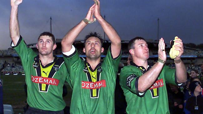 Brett Mullins, captain Laurie Daley and David Furner do a lap of honour of Bruce Stadium back in 2000.