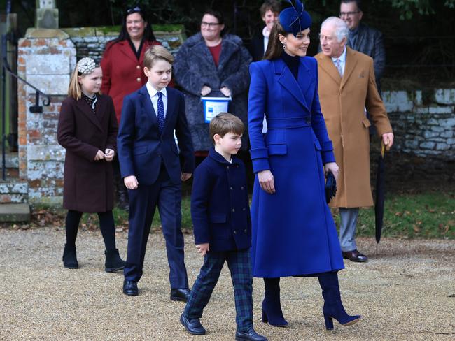 (L-R) Mia Tindall, Prince George, Prince Louis, Catherine, Princes of Wales and King Charles III attend the Christmas Morning Service at Sandringham Church. Picture: Stephen Pond/Getty Images