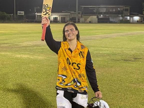 Kate Sherriff scored an unbeaten 101* runs at number one in Rd 2 of the DDCC Women's Div 1 T20 competition, 2025. Picture: Nightcliff Cricket Club Facebook
