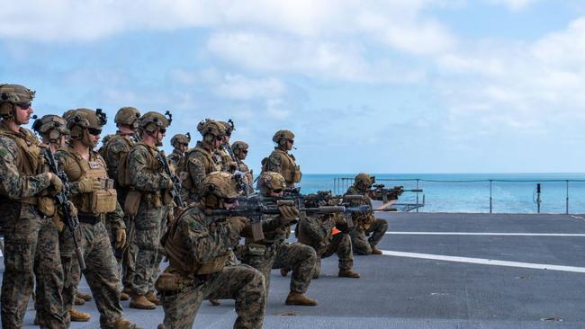 US Marines and ADF members had their marksmanship skill put to the test at sea. Picture: MRF-D.