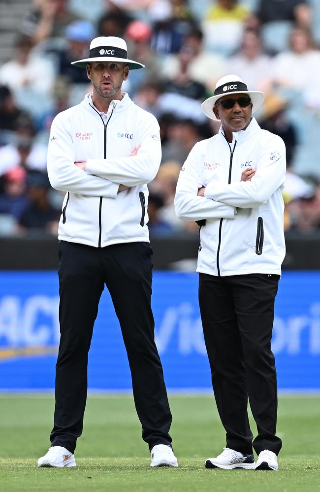 Central umpires like Michael Gough and Joel Wilson are safe – for now – but the third umpire might be at peril from the rise of AI. Picture: Quinn Rooney/Getty Images