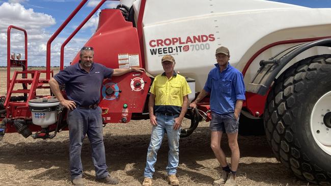 David Hamilton, Jeff and Brenton Osborne pictured at the handover of the Osbornes’ new sprayer. Pictures: Supplied